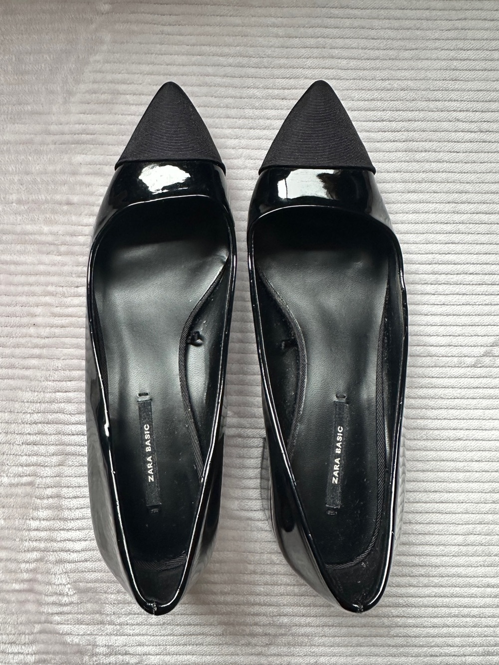 Zara Black Patent Pointed Toe Slip-On heels with Fabric Cap